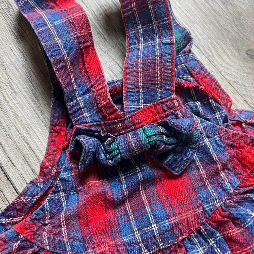 OshKosh B'gosh Overalls Toddler 3T Red Blue Plaid Vintage Made in USA Bibs Bow